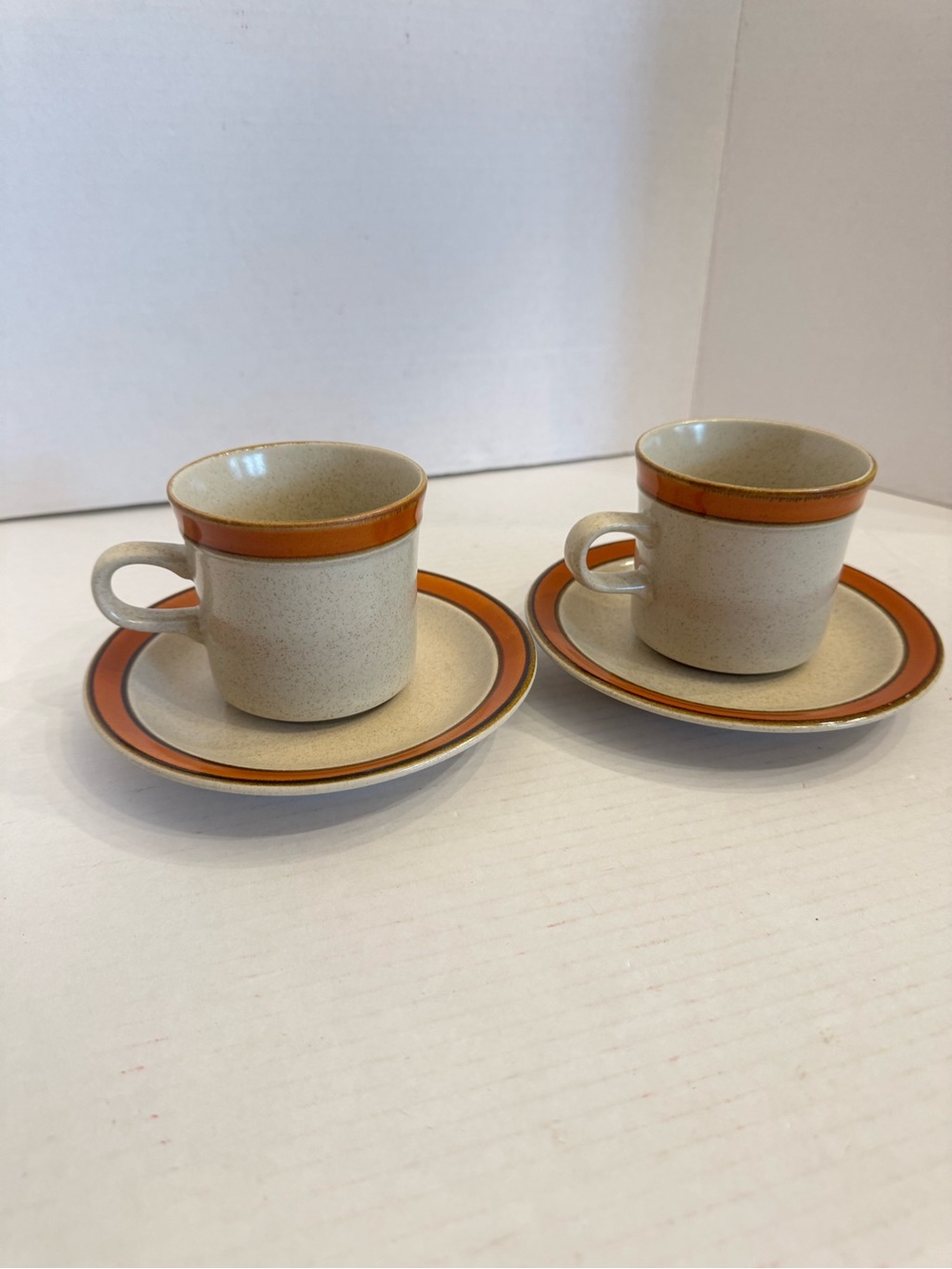 2 Sets of Sears Sahara Orange Flat Cup & Saucer Discontinued Stoneware Japan